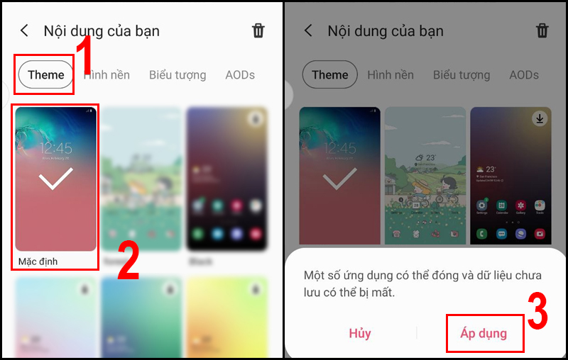 Chọn theme Mặc định và nhấn Áp dụng